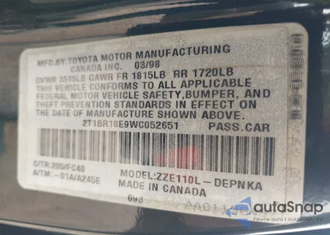 1998 Toyota Corolla Le from USA, damaged, VIN 2T1BR18E9WC052651